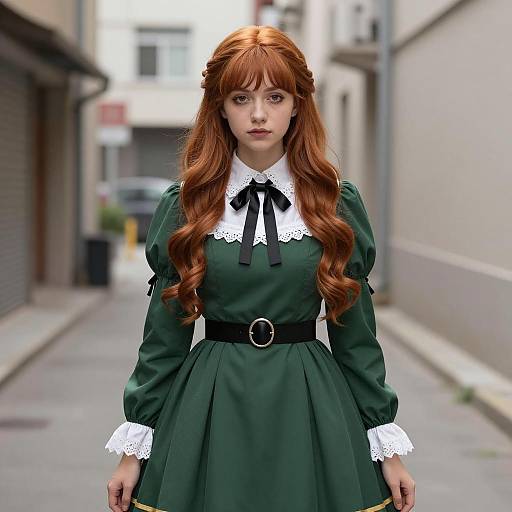 Young Woman in Green Vintage Dress with Red Hair in Urban Setting