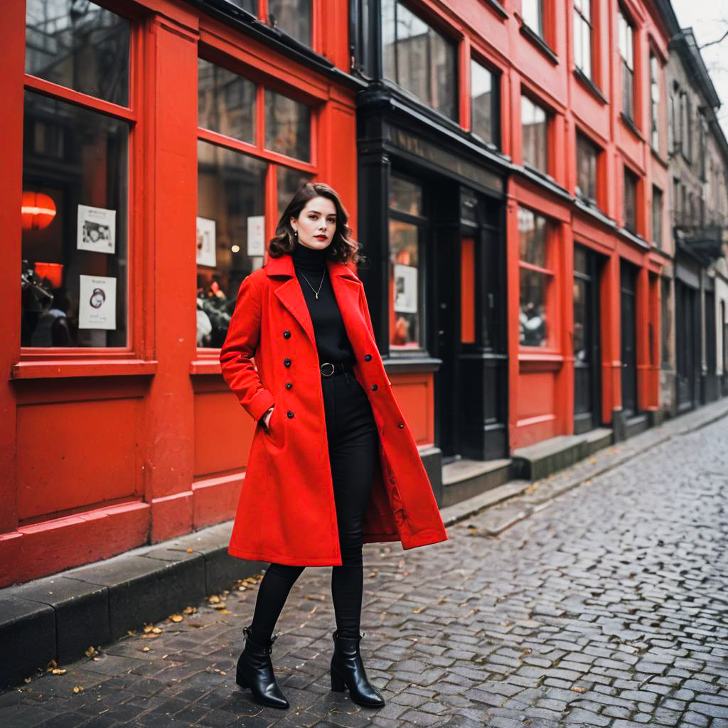 Woman in Red Coat on Cobblestone Street