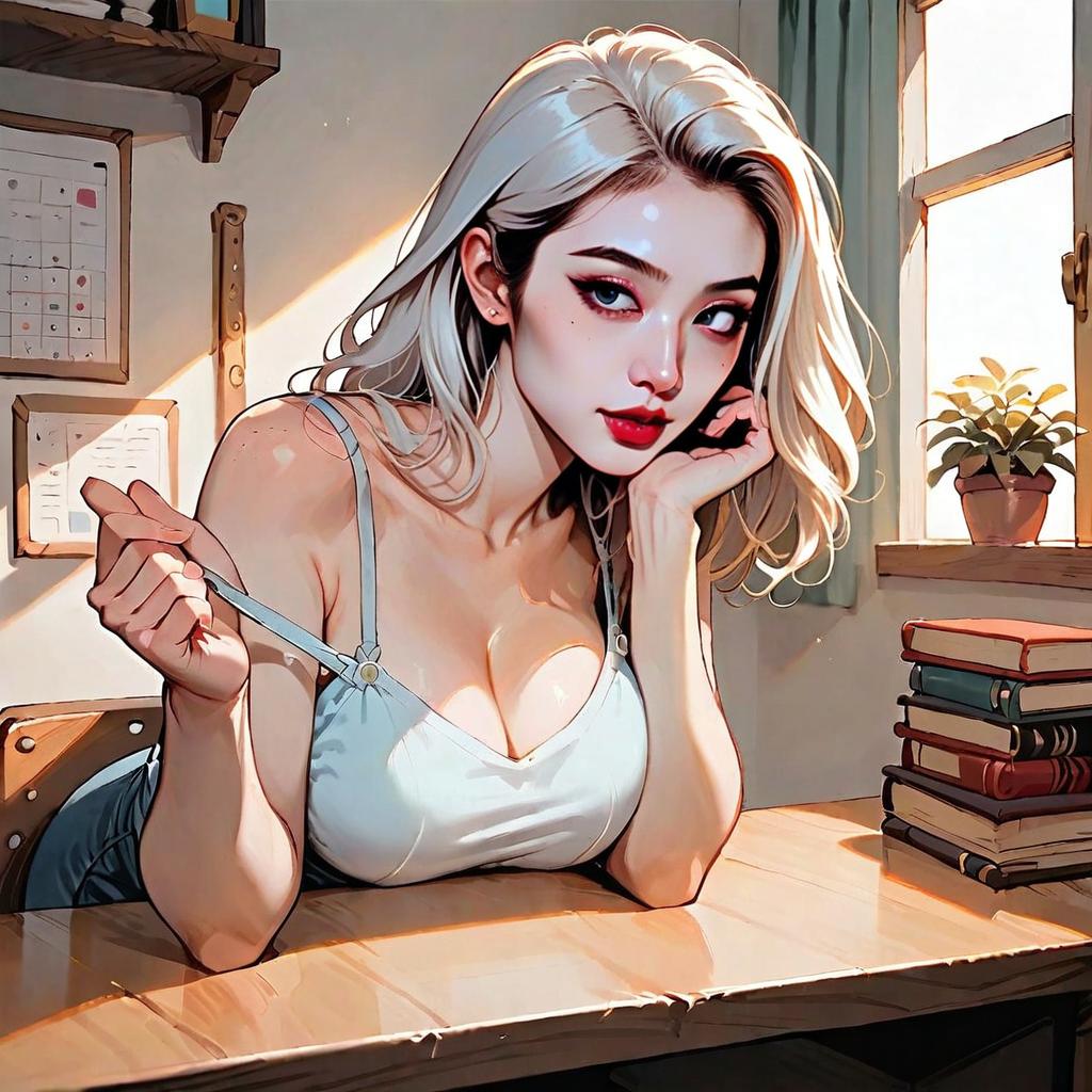 Stylish Blonde Woman in White Top Relaxing at Sunlit Desk Digital Art Portrait