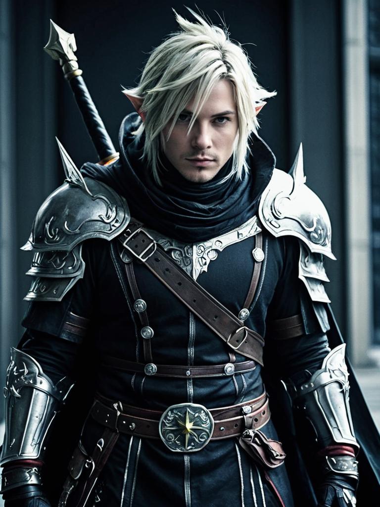 Dramatic Cinematic Realism Final Fantasy Man Cosplay with Armor and Sword Dramatic Cinematic Realism Final Fantasy Man Cosplay with Armor and Sword