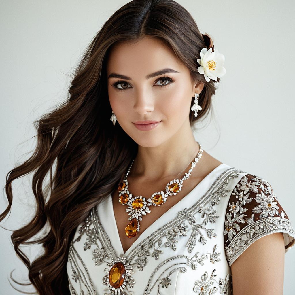 Elegant Woman in White Embroidered Dress with Amber Jewelry