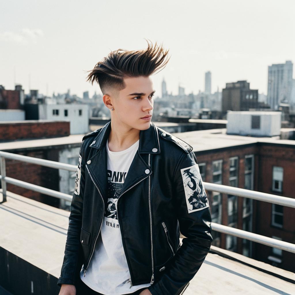 Trendy Young Man with Voluminous Hair and Leather Jacket on City Rooftop