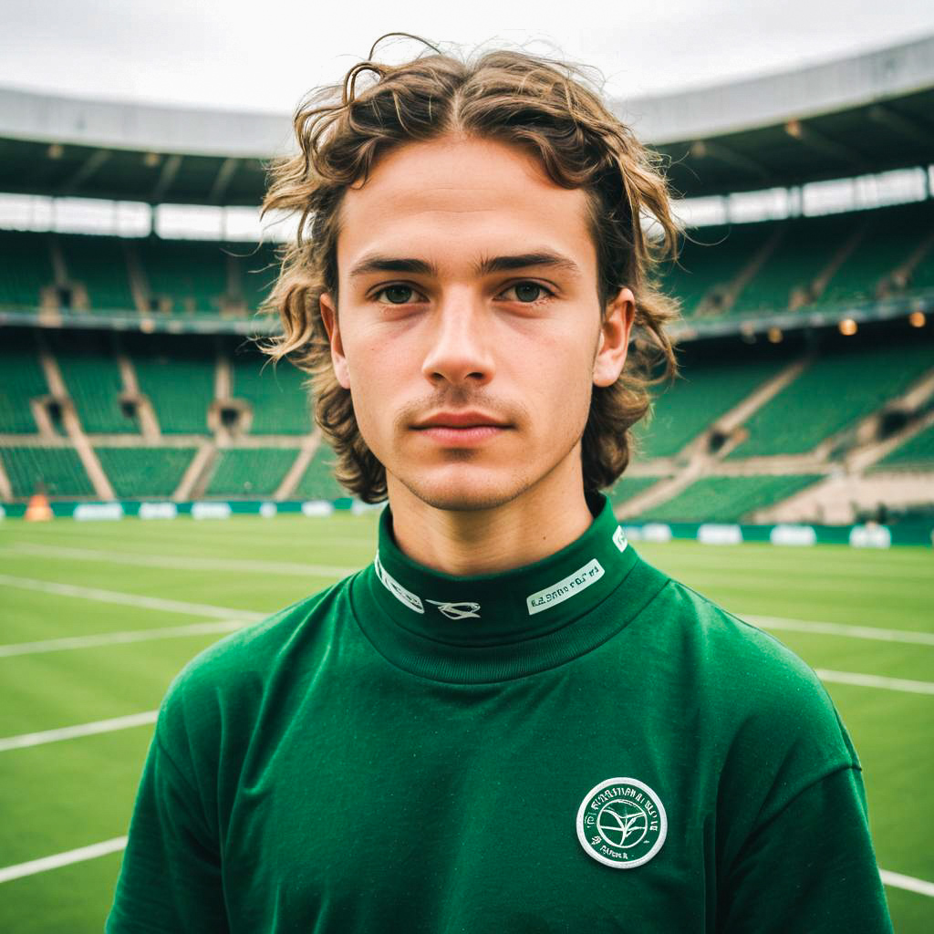 Confident Young Male Athlete in Green Sports Top on Tennis Court