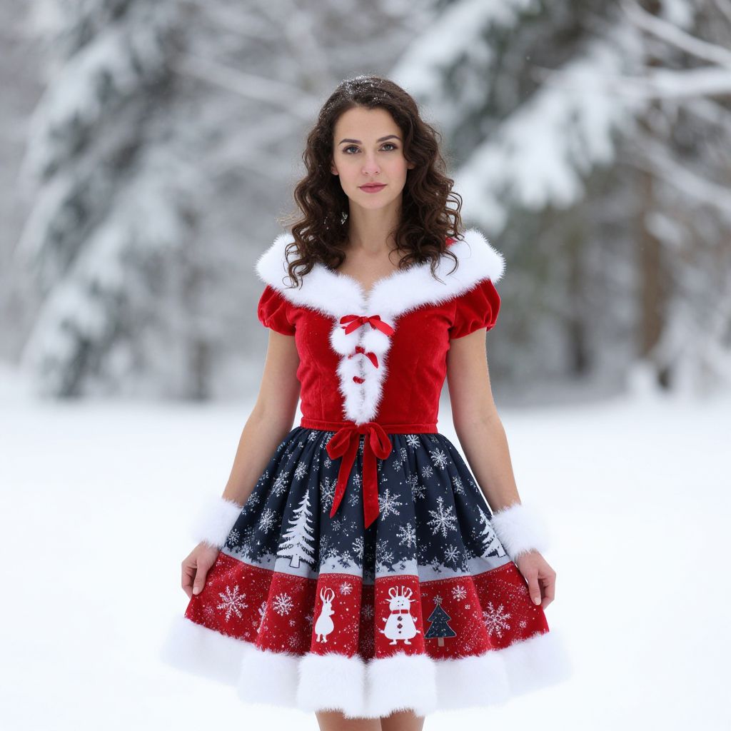 Woman in Festive Christmas Dress in Snowy Winter Landscape