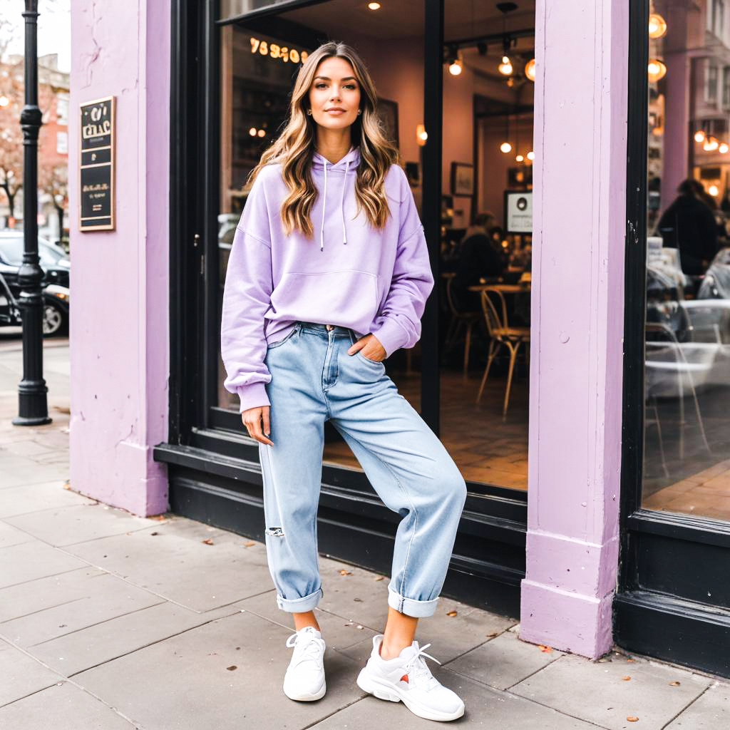 Stylish Young Woman Outside Trendy Café