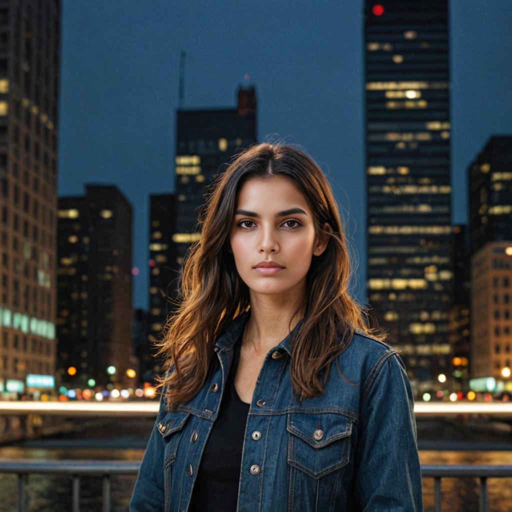 Woman in Denim Jacket Against Cityscape at Night