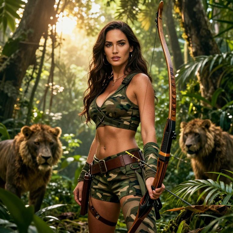 Woman in Camouflage with Bow and Lions in Jungle