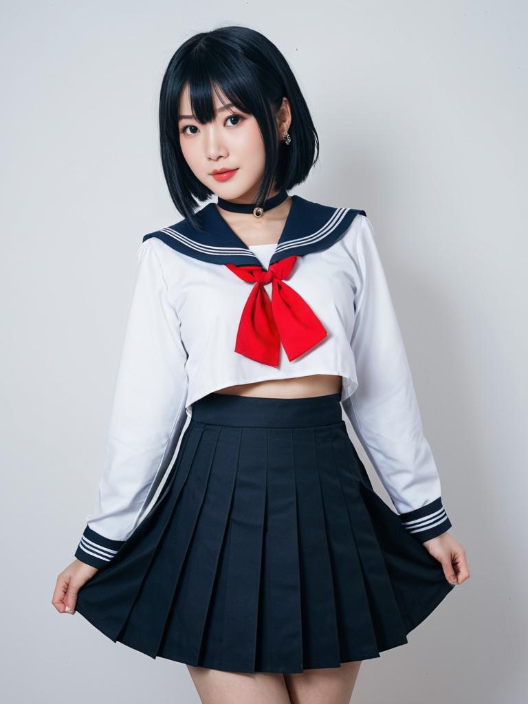 Young Woman in Japanese School Uniform with Cropped Sailor Top and Pleated Skirt