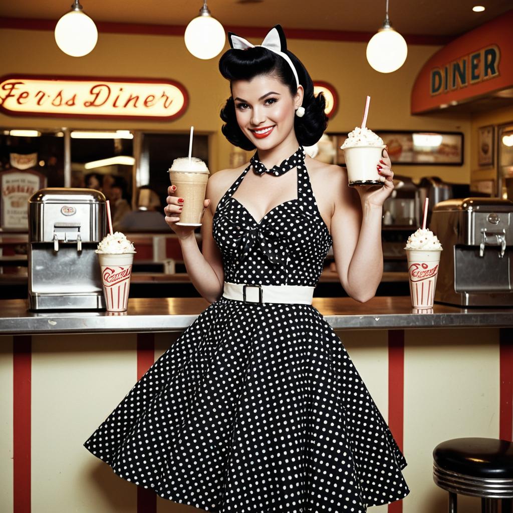 Retro 1950s Woman in Polka Dot Dress Holding Milkshakes at Vintage Diner