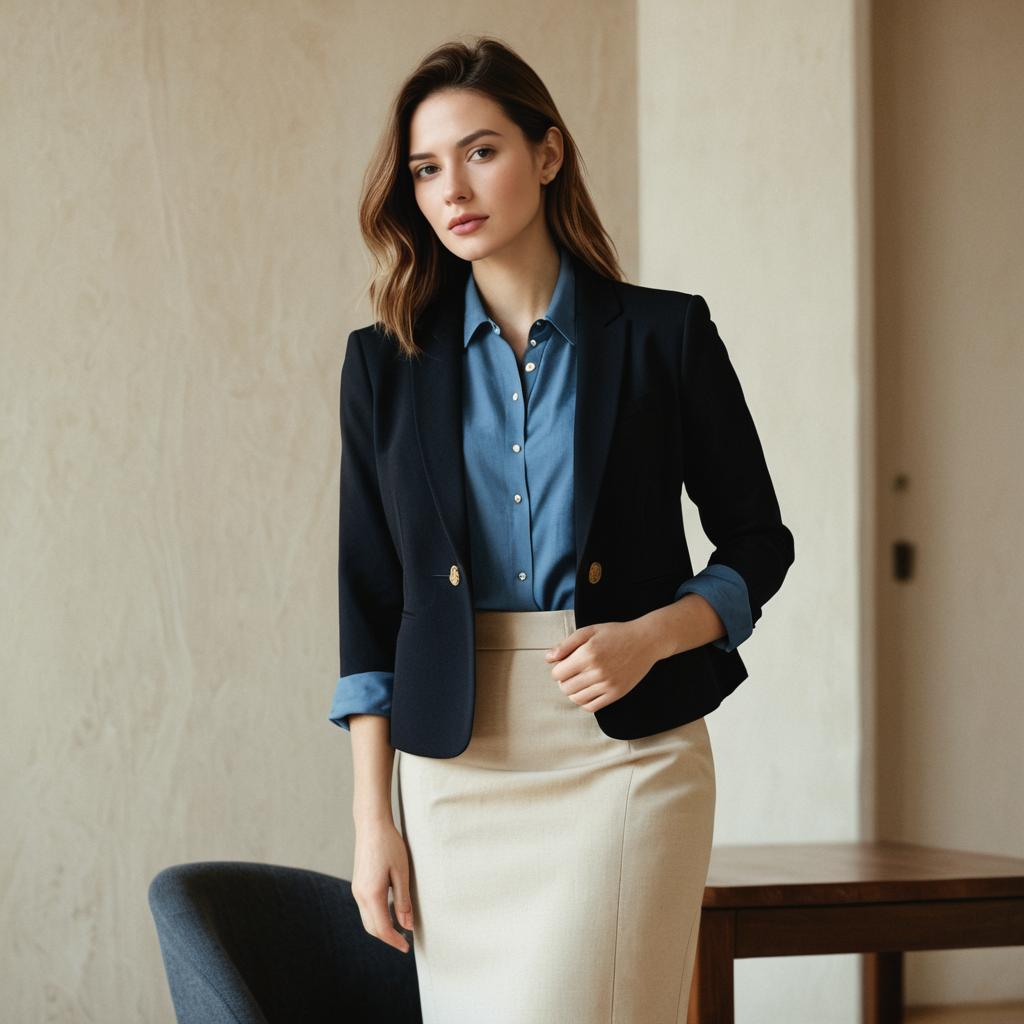 Professional Woman in Business Attire Standing in Minimalist Office