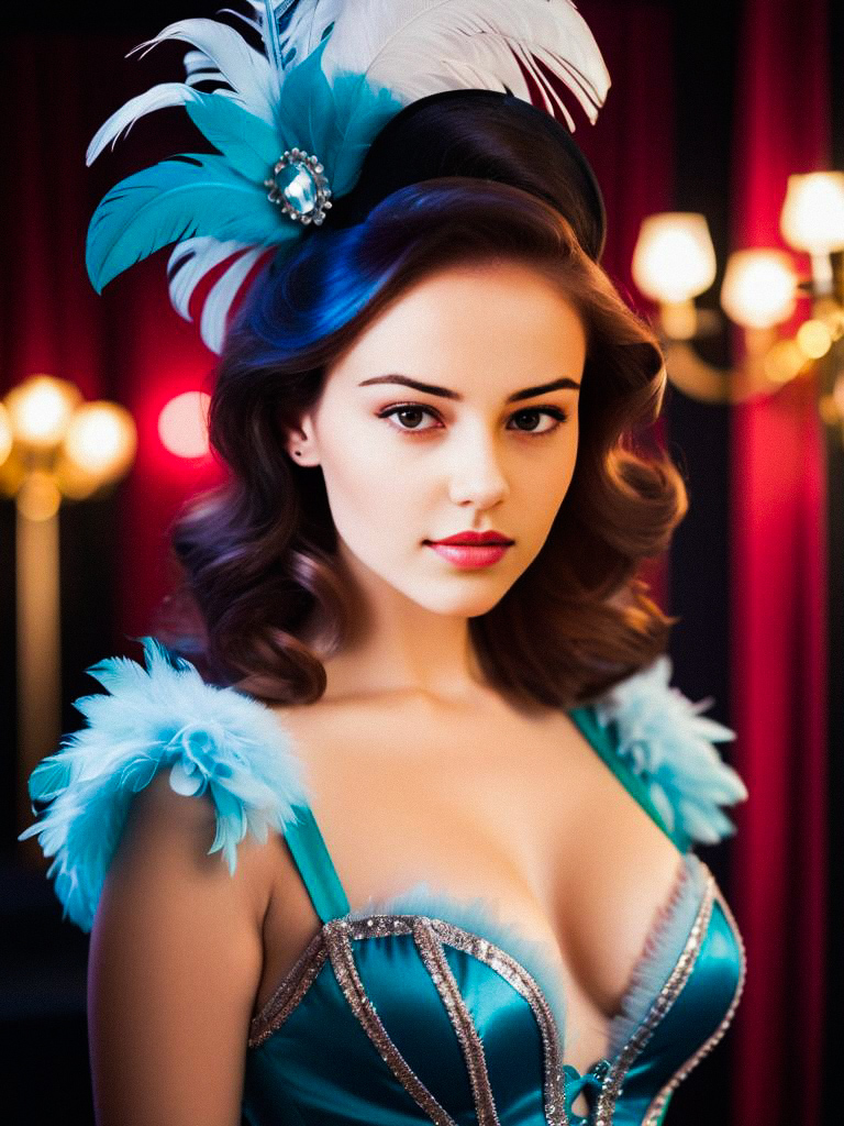 Glamorous Woman in Aqua Costume with Feathers