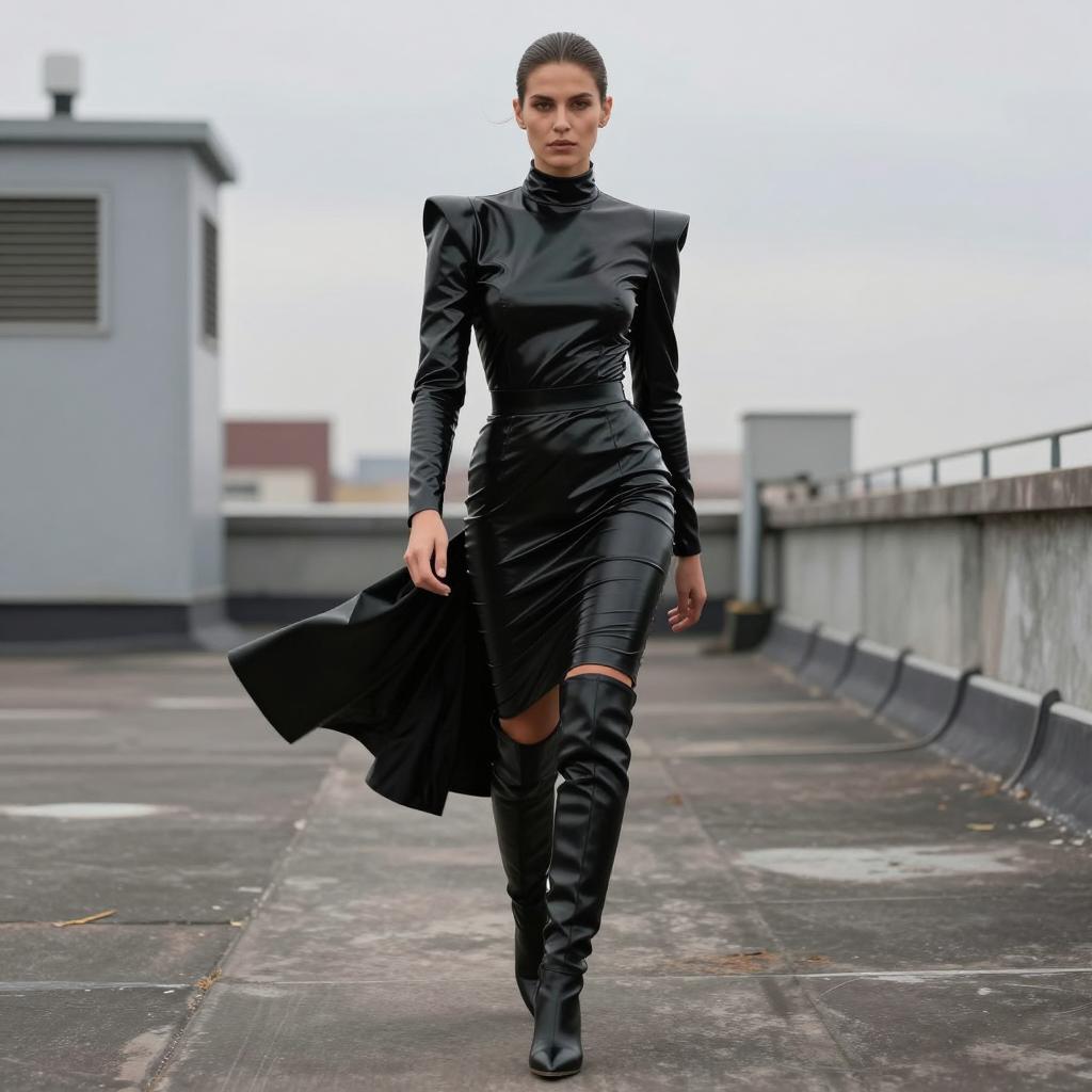 Woman in Black Vinyl Dress and Over-the-Knee Boots Fashion on Rooftop