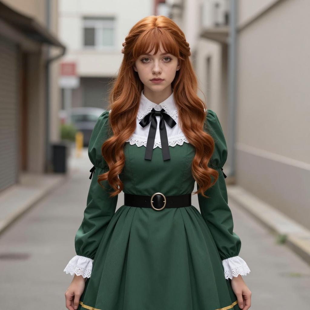 Young Woman in Green Vintage Dress with Red Hair in Urban Setting