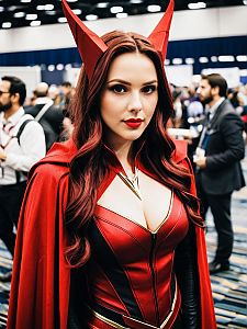 Woman in Scarlet Witch Costume at Convention Candid Cosplay Portrait