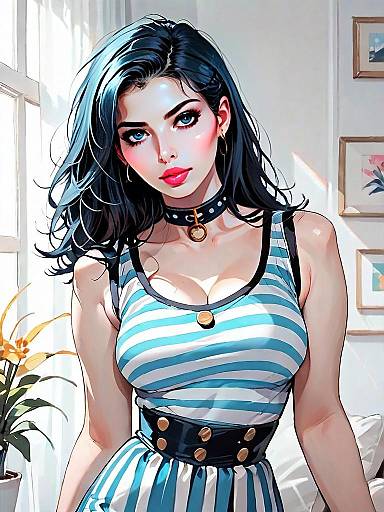 Realistic Anime Style Portrait of Woman in Striped Dress with Choker