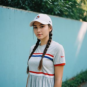 Young Woman in Casual Dress with Baseball Cap