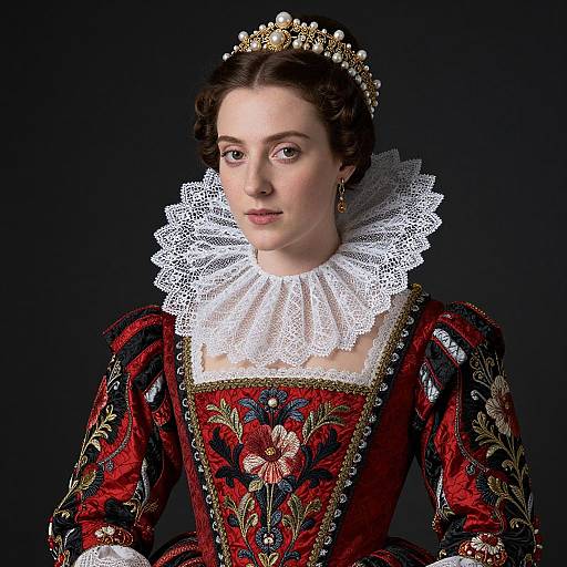 Renaissance Woman in Embroidered Gown with Lace Ruff and Pearl Tiara