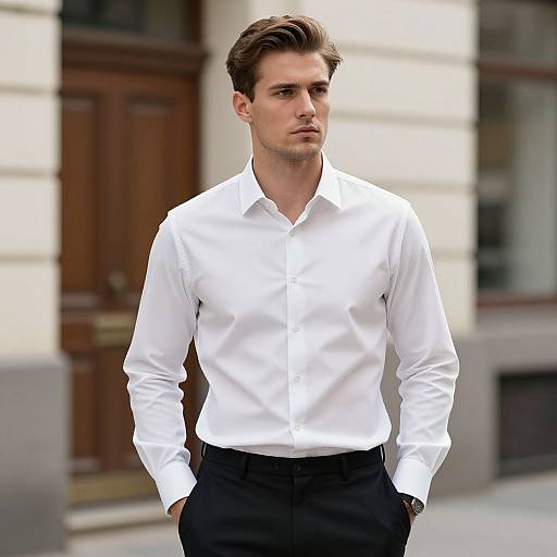 Young Man in White Dress Shirt and Black Trousers Urban Portrait