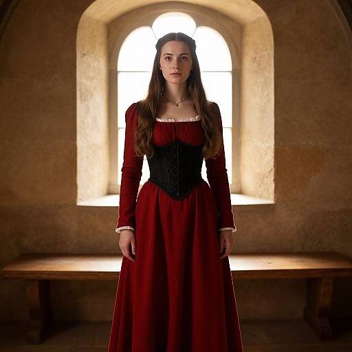 Woman in Medieval Red Dress Standing by Arched Stone Window