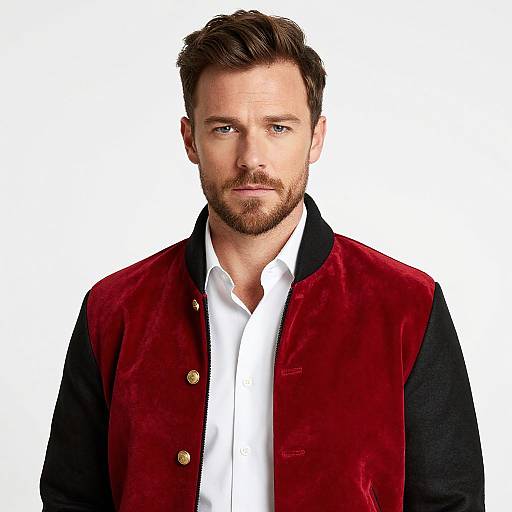 Portrait of Man Wearing Red and Black Varsity Jacket Over White Shirt