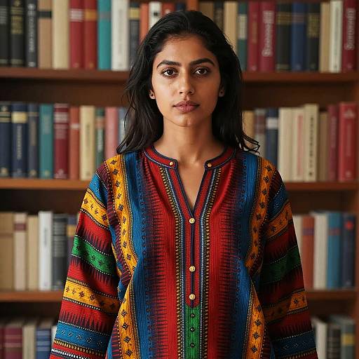 Young Woman in Colorful Ethnic Dress Standing by Bookshelf