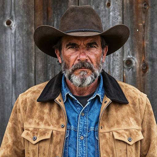 Rugged Cowboy Man Wearing Suede Jacket and Wide-Brimmed Hat