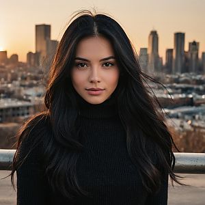 Young Woman in Black Turtleneck at Sunset with Urban Skyline