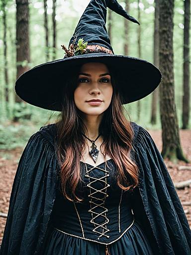 Woman in Woodland Witch Costume Candid Cosplay Portrait in Forest
