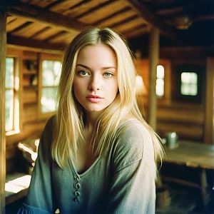 Thoughtful Woman in Cozy Cabin