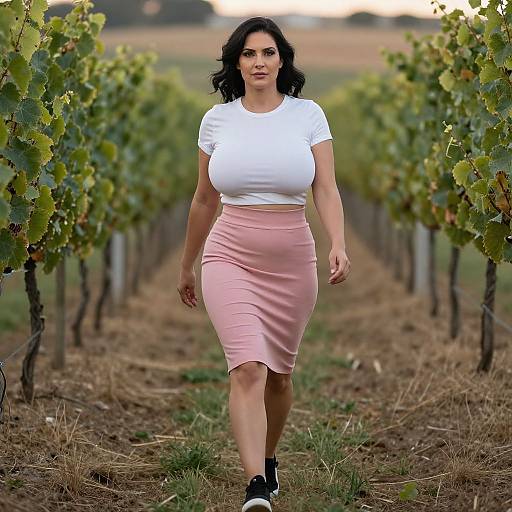 Woman Walking in Vineyard with White Crop Top and Pink Skirt