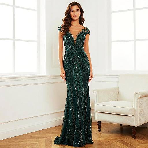 Emerald Green Beaded Evening Gown on Woman in Elegant Interior
