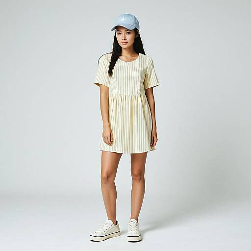 Woman in Casual Pale Yellow Short-Sleeved Mini Dress with Baseball Cap and Sneakers