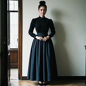 Elegant Vintage Woman in Black Blouse and Long Skirt