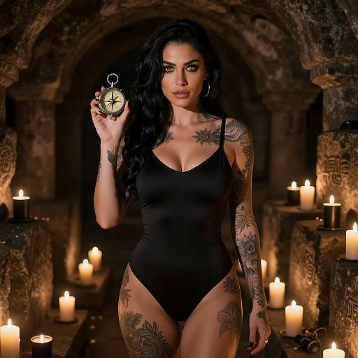 Tattooed Woman in Black Bodysuit Holding Compass in Candlelit Stone Corridor