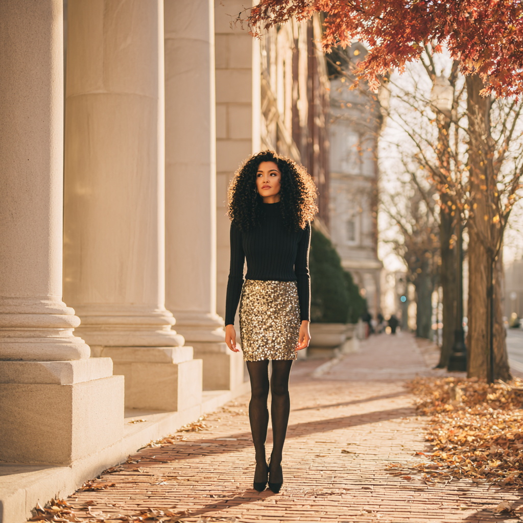 Stylish woman in autumn fashion on a sunlit sidewalk Stylish woman in autumn fashion on a sunlit sidewalk