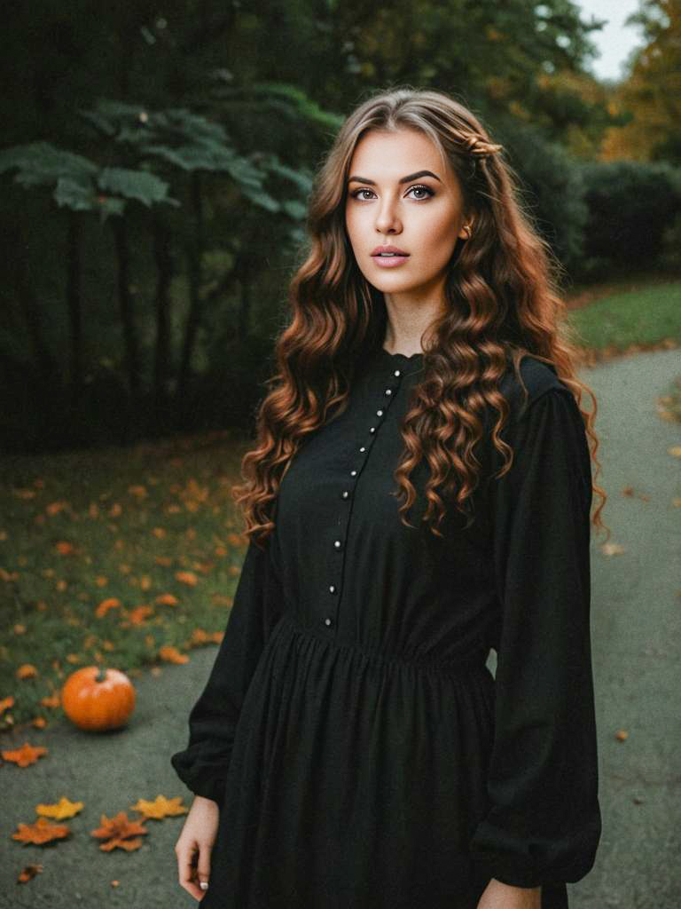 Young Woman in Vintage Black Dress on Autumn Path