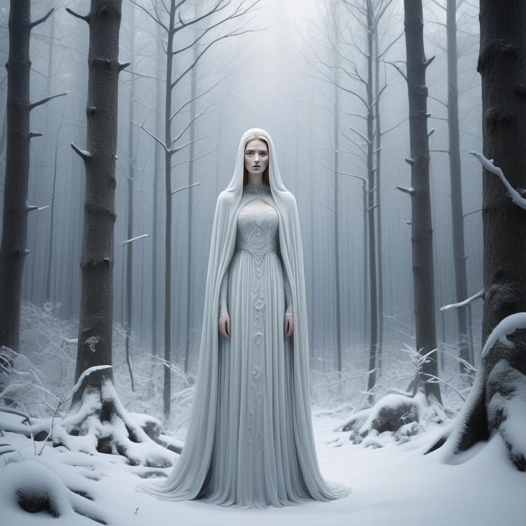 Serene Figure in Snowy Forest