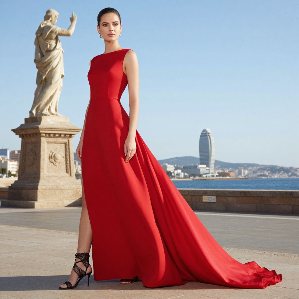 Woman in Elegant Red Evening Gown Posing by the Sea with Cityscape Background