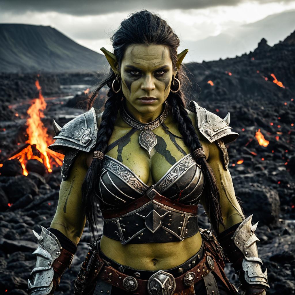 Fierce Green-Skinned Woman Warrior in Volcanic Landscape