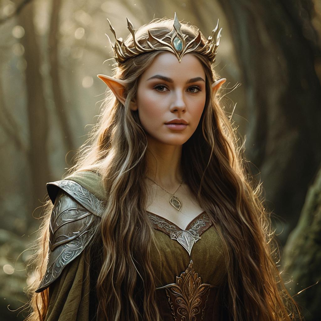 Realistic Fantasy Portrait of Elven Woman with Crown and Armor in Forest