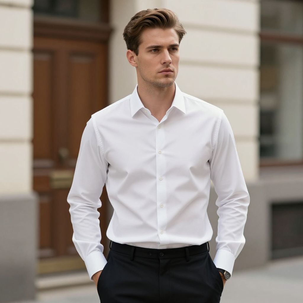 Young Man in White Dress Shirt and Black Trousers Urban Portrait