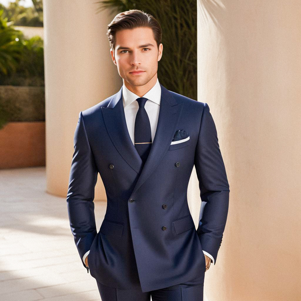 Stylish Man in Navy Suit Against Elegant Architecture