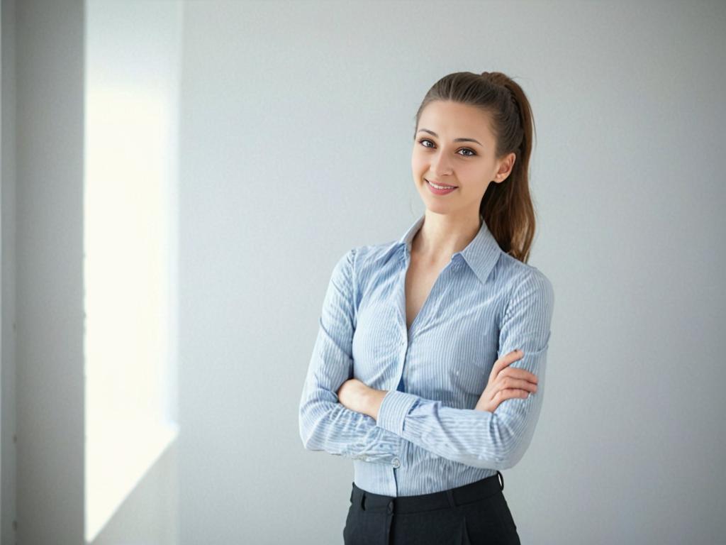 Confident Professional Woman in Blue Striped Shirt