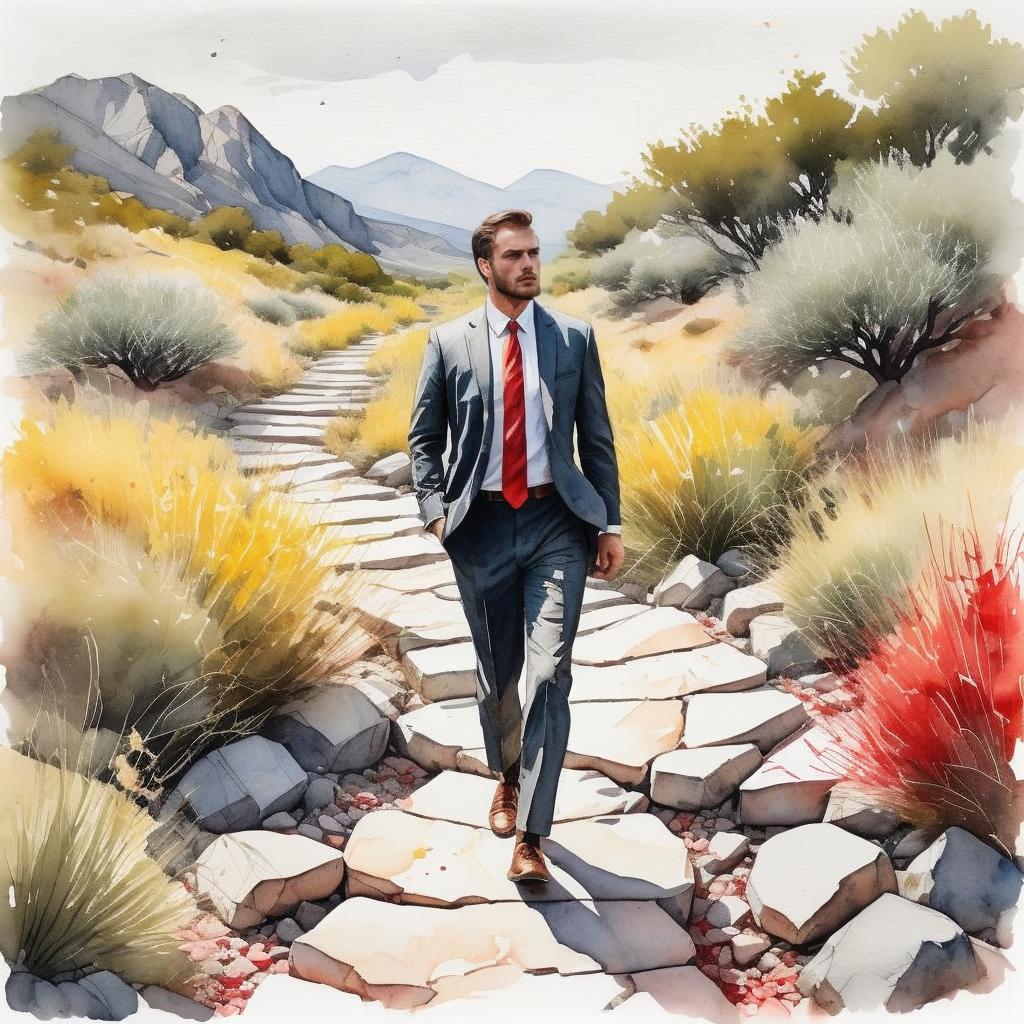 Man Walking on Stone Path in Desert Landscape Watercolor Painting