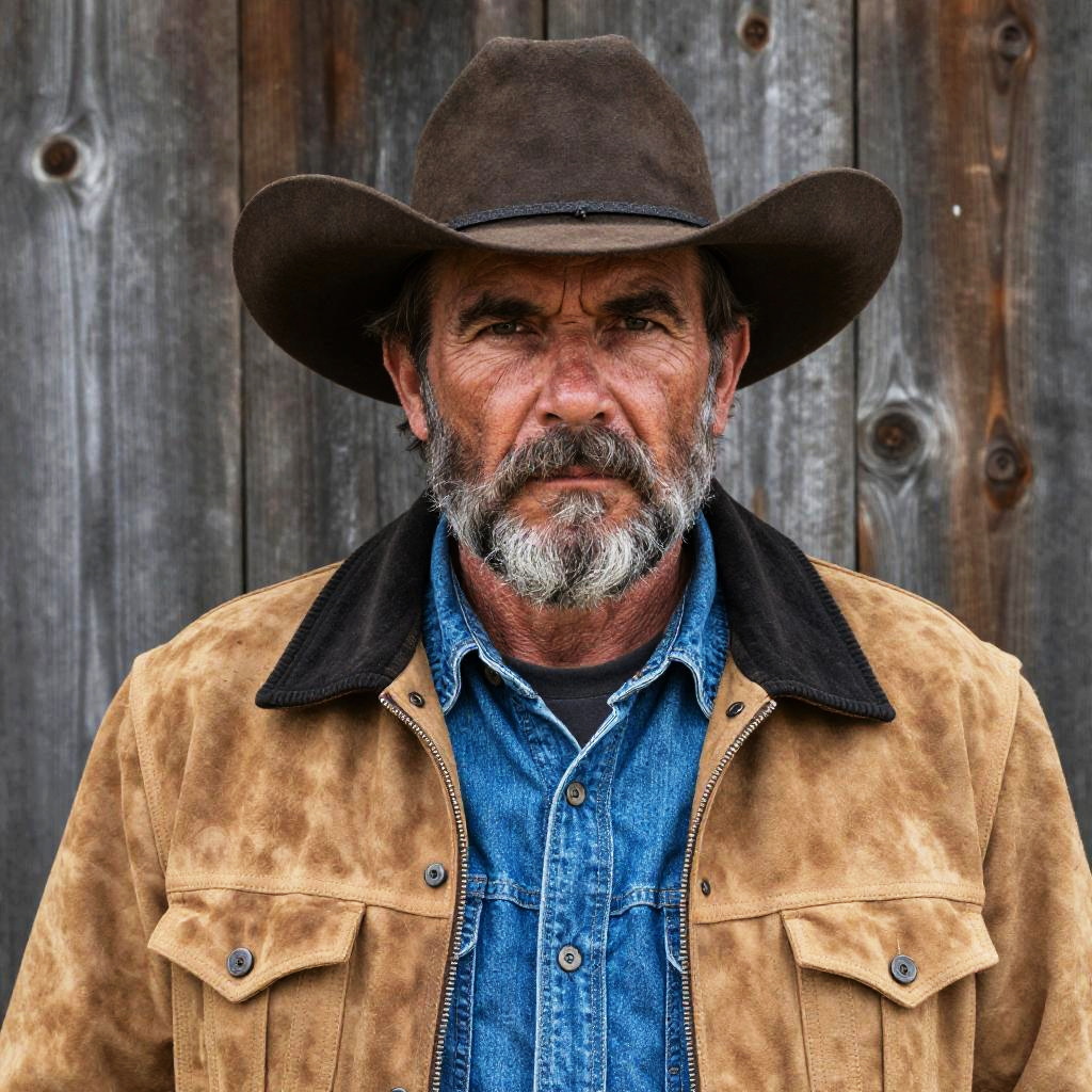Rugged Cowboy Man Wearing Suede Jacket and Wide-Brimmed Hat