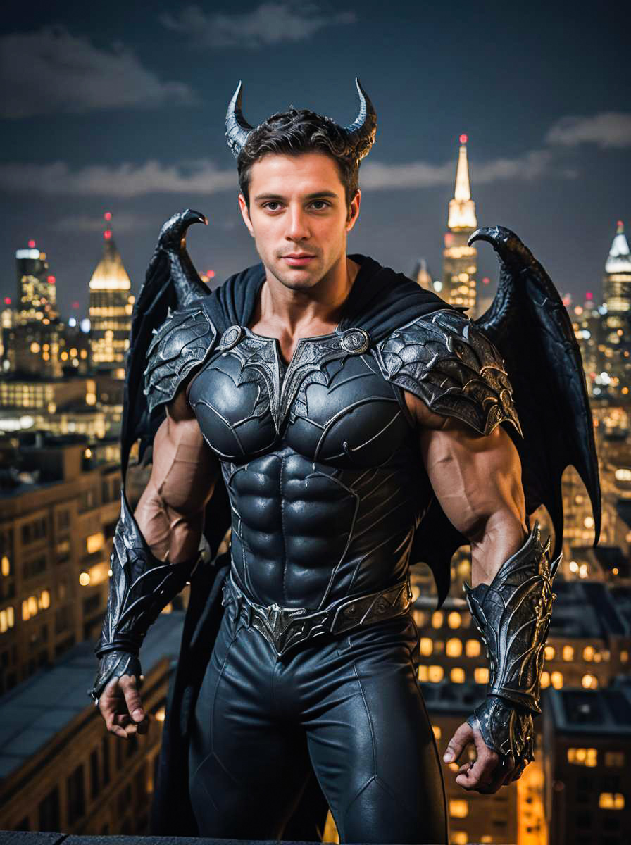 Male Model in Gargoyle Costume Against City Skyline