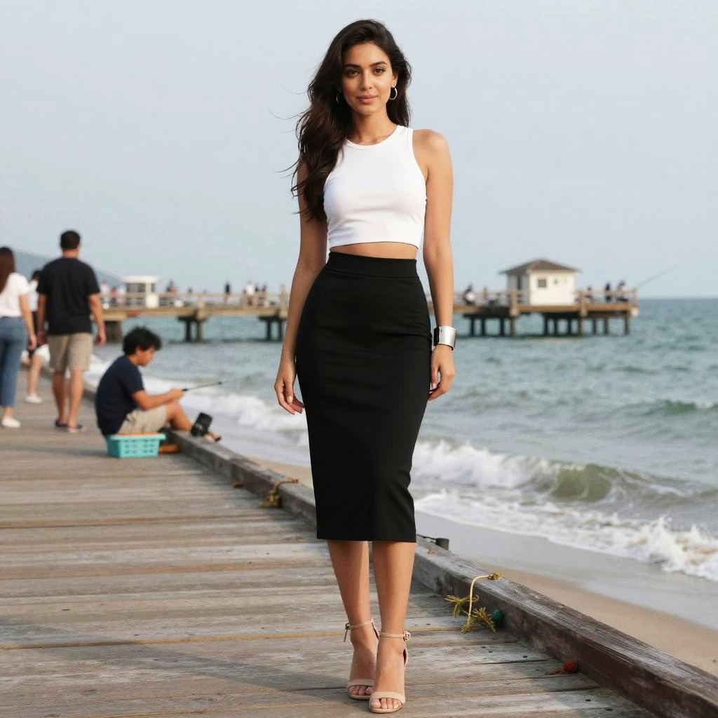 Modern Chic Woman Wearing White Crop Top and High Waisted Black Skirt on Ocean Pier