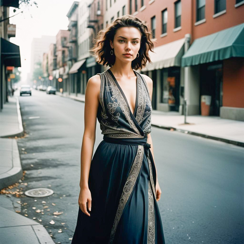 Elegant Woman in Black Dress on City Street