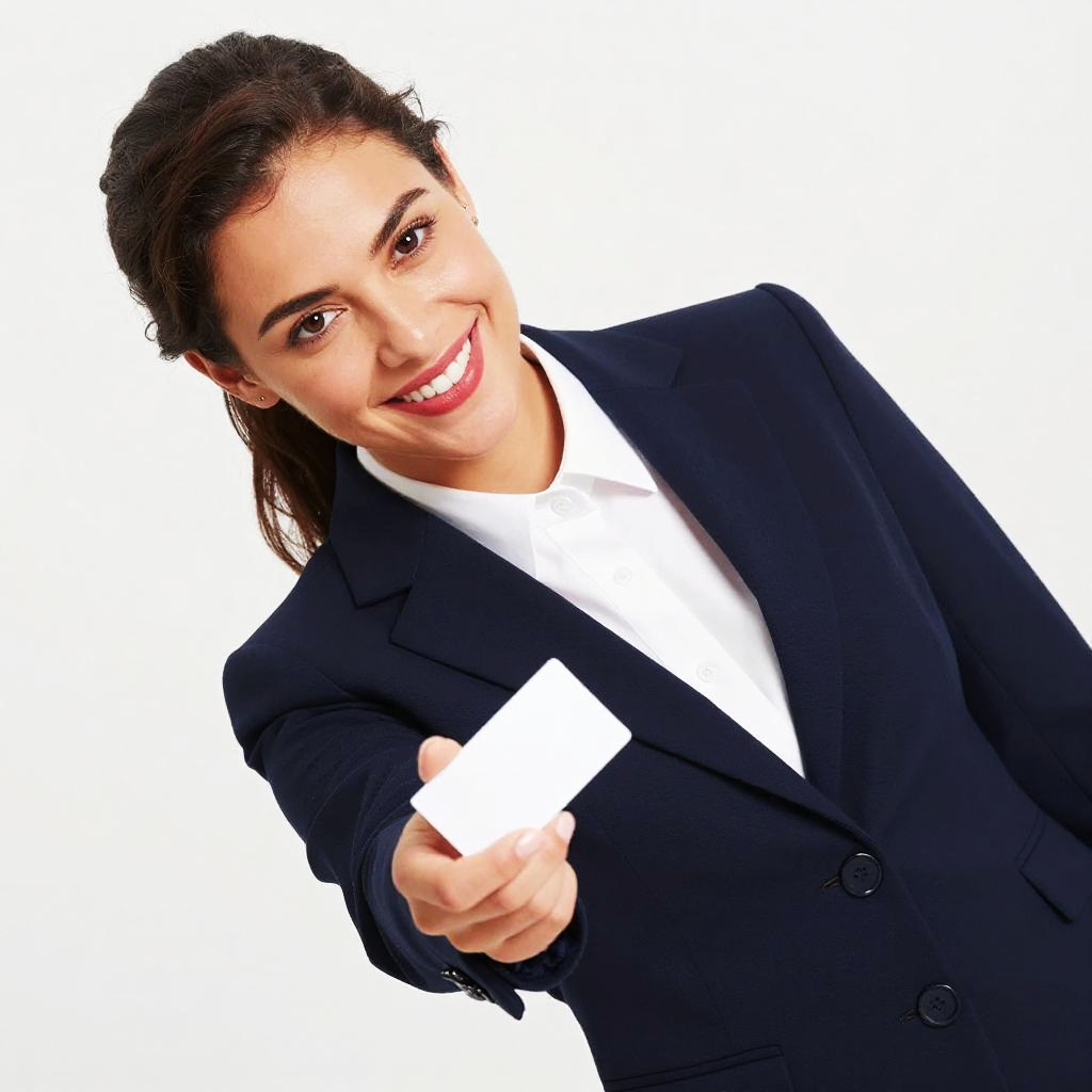 Smiling Businesswoman in Navy Suit Offering Blank Business Card