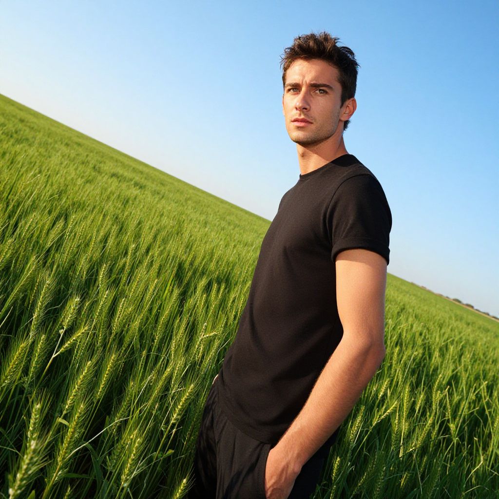Young Man Standing in Green Wheat Field on Clear Day